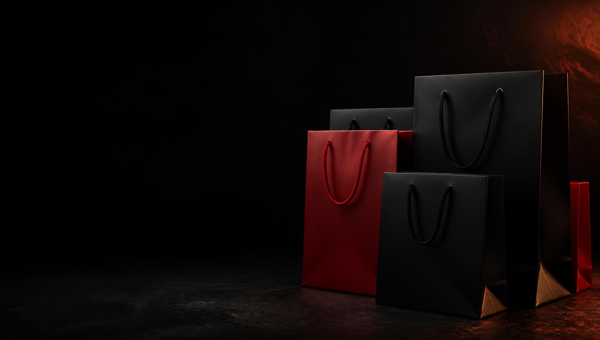 Sacolas de compras pretas e vermelhas em fundo escuro